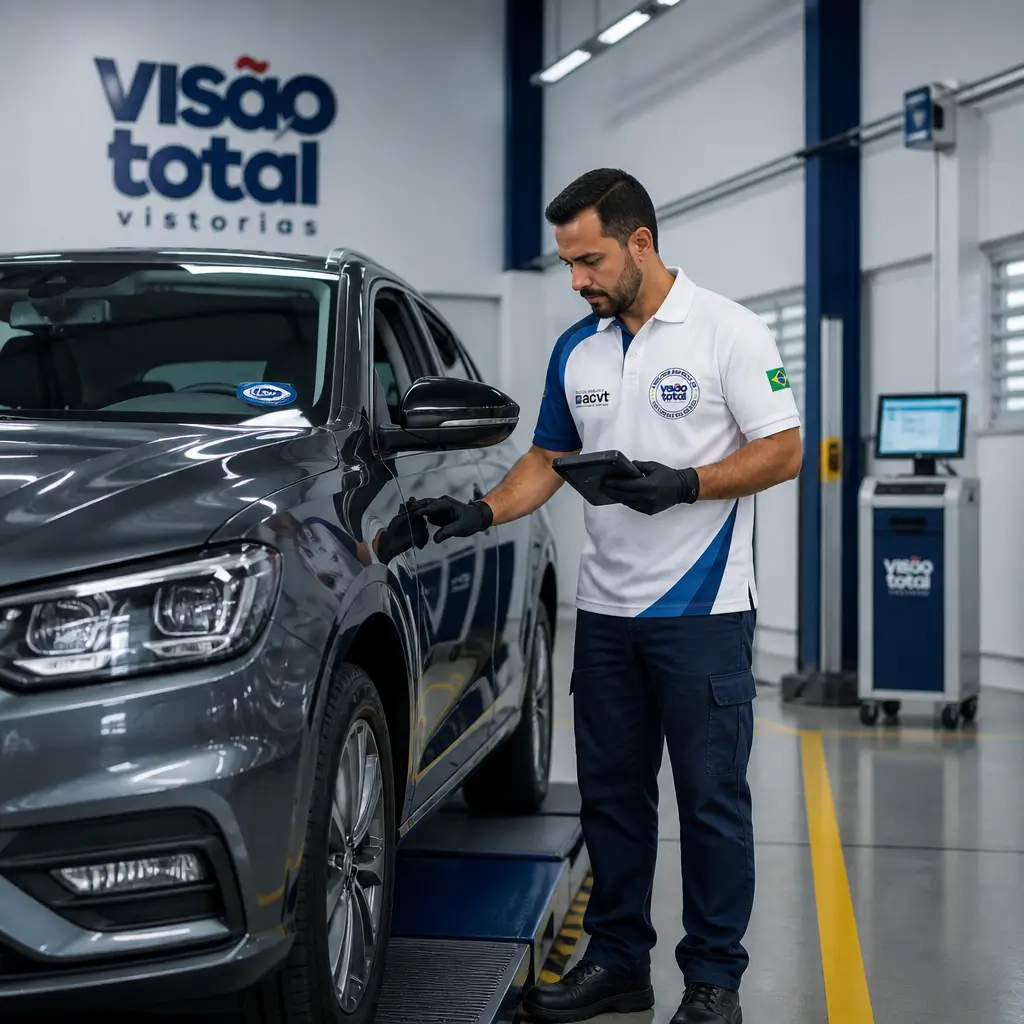 Analista fazendo vistoria veicular na unidade Visão Total Carrão